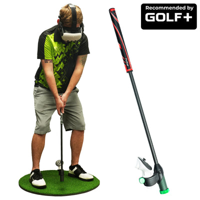 Person practicing golf swing on a simulator with 'GOLF+' branding.