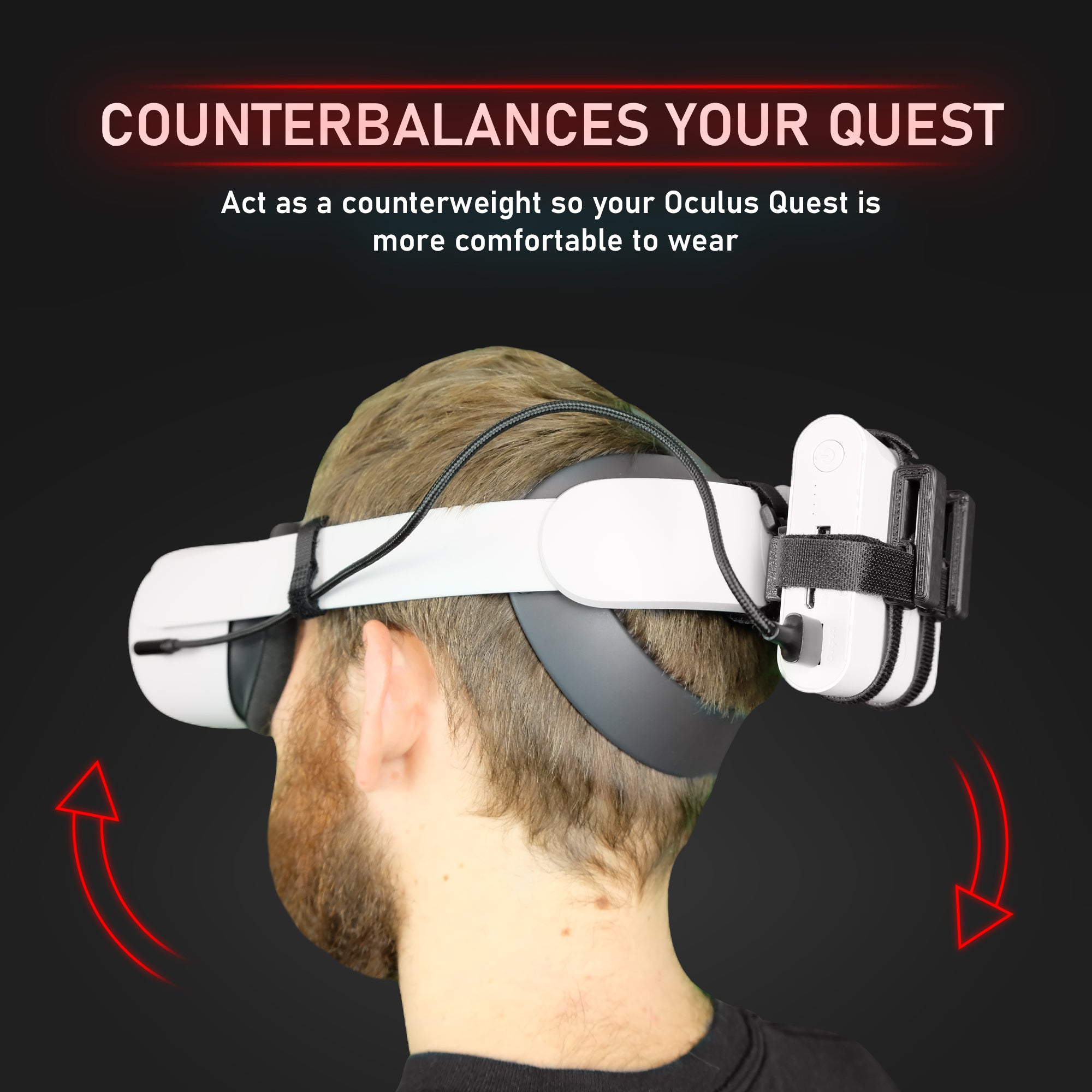 Counterbalances your Quest. Act as a counterweight so your oculus quest is more comfortable to wear. shows headsets being counterbalanced